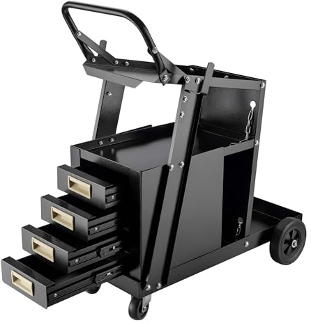 Wiltec Schweißwagen mit 4 Schubladen, Schweißgerätewagen bis 100 kg, Gasflaschenwagen Stahl mit Transportrollen, Werkstattwagen für Schweißgerät und Gasflasche