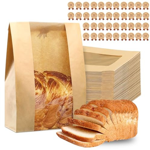 SCDZY Bread Bags with Window, 40 Pcs Sourdough Bread Bag, 13.7x8.2x3.5 in Paper Bags For Breads Kraft Paper Bakery Bag with Sealing Stickers for Homemade Breads Storage