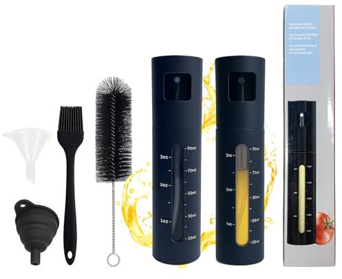 KATLKIU Set de 2 Pulverizadores de Aceite 100ml – Botella de Spray de Acero Inoxidable con Embudo de Silicona y Cepillo –Para Aceite de Oliva, Vinagre, Salsa de Soja – Negro
