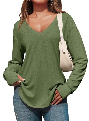 Fisoew Damen Langarmshirt Tiefer V-Ausschnitt Langarm Longshirt Oversized Shirts Lang Tunika Oberteile mit Daumenloch