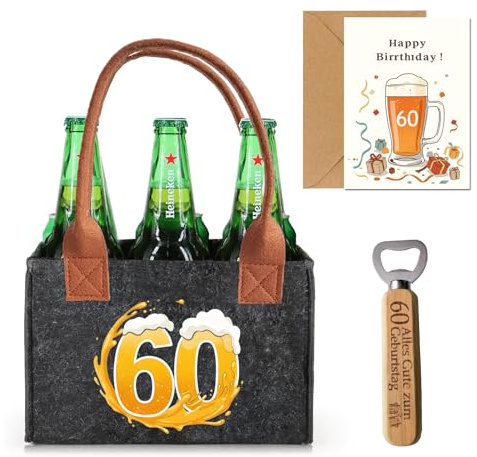Geschenk 60 Geburtstag, Männerhandtasche Bier mit Flaschenöffner und Grußkarten für Männer, Lustige Geschenke zum 60. Geburtstags, Männerhandtasche Bier Flaschenträger für 6 Bierflaschen (60th)