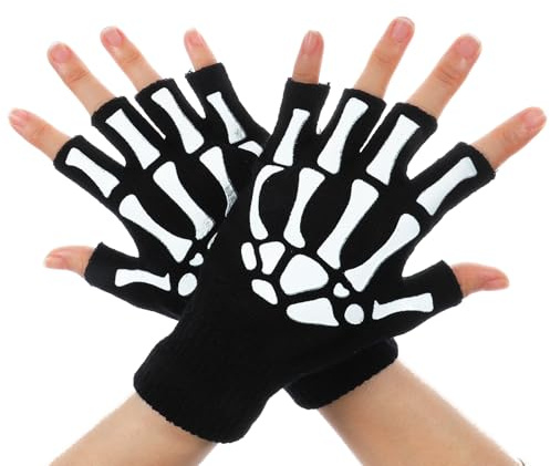 Bremorou 1 paio di guanti per mani con teschio di Halloween guanti senza dita scheletro per uomini donne bambini guanto osso unisex punk gotico accessori al buio costume di Halloween accessorio emo