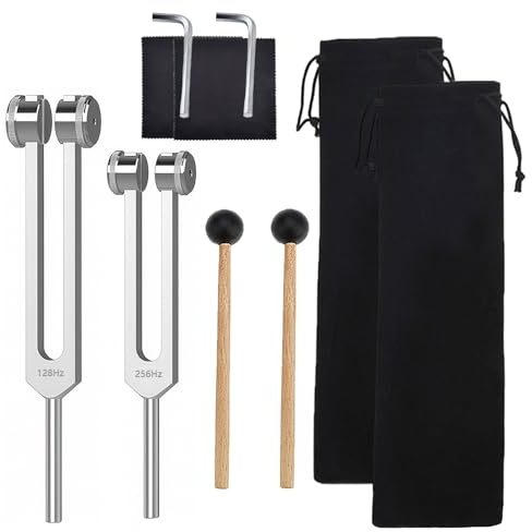 Tuning Fork 256hz, 128hz Tuning Fork, with Wrench, Hammer and Rag, Cloth Bag Suitable for Meditation and Relaxation（2PCS)