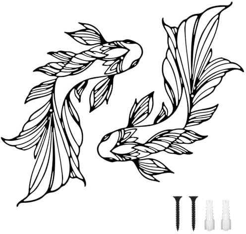 Fukaisu 2pcs Koi Fish Wall Art Set, 6.61x13.78in/16.8x35cm Iron Fish Metal Wall Art Decor Good Meaning Symbol Asian Decoration for Living Room Bedroom Study Office Indoor Outdoor(Black)