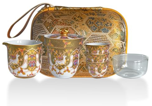 Set da tè giapponese smaltato con motivo cervo e accento dorato, tazze da tè e teiera Matcha impilabili, set da viaggio portatile con elegante borsa per il trasporto
