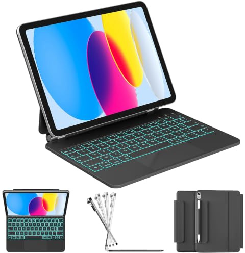 RAYMCRAFT für iPad (A16) 11th 2025/10th Generation Hülle mit Tastatur, Magic Keyboard für iPad 10.9 2022, 11-Farben-Hintergrundbeleuchtung, Multi-Touch Trackpad, Magnetständer, Stifthalter, Schwarz