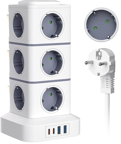 VIYSPNV Ciabatta Multipresa 16 in 1 Ciabatta Elettrica da 10A Prolunga Elettrica 3 Metri con 2 USB A e 2 USB C Torretta Multipresa Protezione Sovratensione con 3 interruttori indipendenti