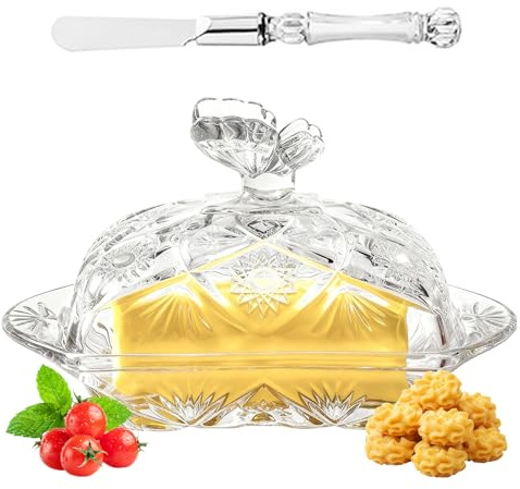 Beurrier en Verre, Porte-Beurre avec Couteau à Beurre en Acier Inoxydable, Récipient à Beurre avec Couvercle Recouvert de Cristal pour Gâteau Au Fromage à la Crème Salade Bonbons