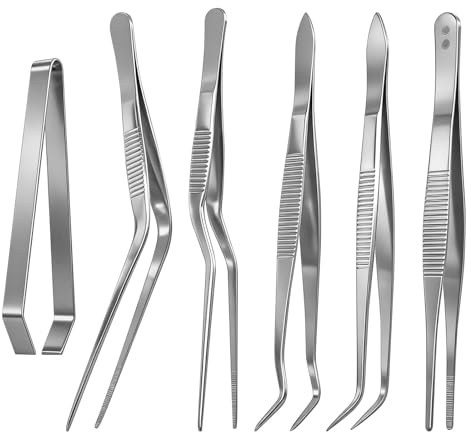 GZRXIOUS 6 Piezas Pinzas Cocina Acero Inoxidable Pinzas Emplatar, Pinzas de Emplatar Precisión Profesional para Pescado Y Huesos, Pinza Inclinadas para Horneado, Barbacoa Y Cocinar