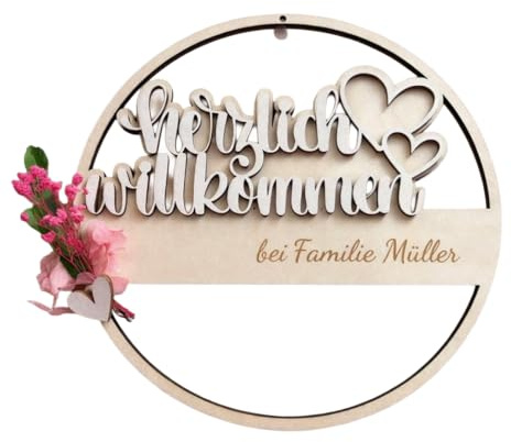 Türschild personalisiert Holz rund – Herzlich Willkommen Familienschild – Haustür Deko mit Namen – Einzugsgeschenk Hochzeitsgeschenk – Handmade