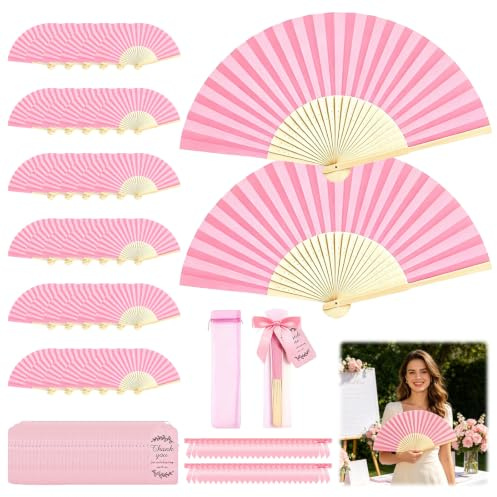 Fächer, 50 Stück Papierfächer-Set mit Dankeskarten Organzabeutel und Dekorationen 21 x 38 cm Handfächer für Hochzeit Geburttag Party DIY Dekoration (Rosa Papierfächer-Set)