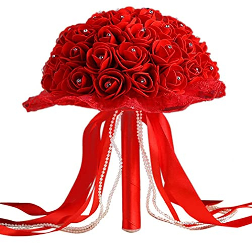 CreazyBee Wedding Bride Bouquet - Artificial Roses, Lace Pearl Ribbon, Perfect for Church, Party and Home Decor (Red)