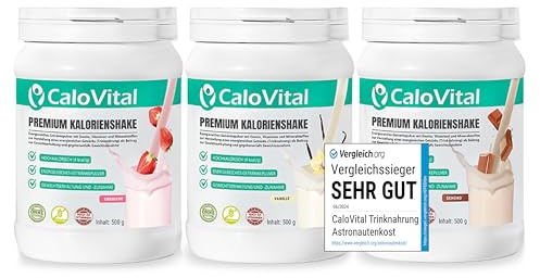 CaloVital Mahlzeitenersatz Shake, 3er Set Vanille Erdbeere Schoko | Vollwertiger Kalorien Shake zum Zunehmen, mit essentiellen Vitaminen & Mineralstoffen, Premium Qualität aus Deutschland