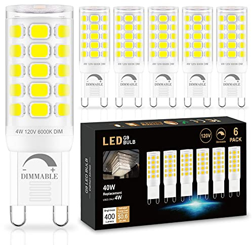 Sailstar 6 Pack G9 LED Bulb Dimmable 6000K Daylight, T4 4W G9 Replacement for 40 Watts Halogen, 400 Lumen, Ceramic Bi-Pin Base, 360°Beam Angle, 120V G9 Light Bulbs for Chandelier
