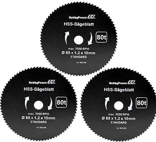 3 Stück HSS Sägeblatt Ø 85 x 15 mm 80 Zähne Kreissägeblatt Kreissäge Handkreissäge für Holz, Kunststoff, Alu, Messing kompatibel mit Lidl Parkside PHKSA 12 A2 B3