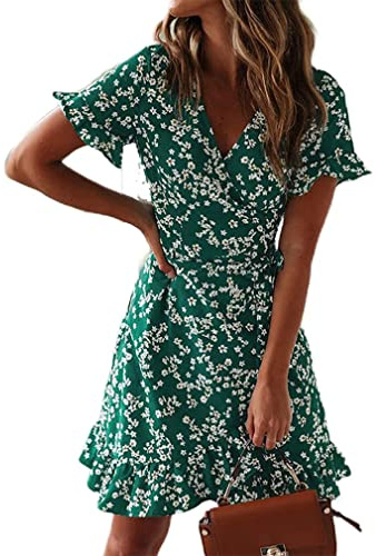 CheChury Mujeres Casual Verano Vestidos Moda Gasa Cuello en V Magas Cortas Estampado Floral Vacaciones Vestido Elegante Bohemio Vestido de Playa