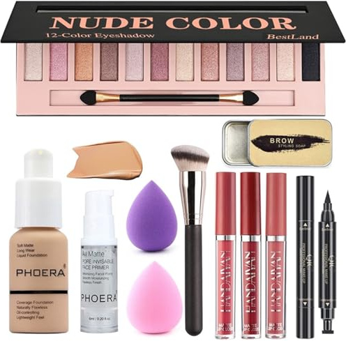 All in One Makeup Set 12 Colours Eyeshadow Palette Matte Foundation Face Primer, 3 Colours Liquid Lipstick, Eyebrow Soap, Winged Eyeliner Stamp, Makeup Brush, Makeup Sponge, Makeup Set (Set B)