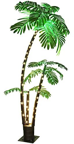 OUSHENG Lighted Palm Tree Bar Outdoor Christmas Decorations Decor, Light Up LED Artificial Fake Faux Trees Lights for Outside Patio Yard Pool Porch Deck Party Tropical, 6FT