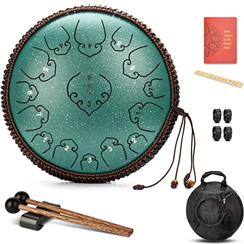 Zungentrommel Schlagzeug, 15 Tone 14 Zoll C-Dur Tongue Drum, Steel Pan Töne Schlaginstrument Kinder Hand Pan Drum Mit Tasche Fingerpick Schlägel Für Meditation Yoga Klangheilung,Grün
