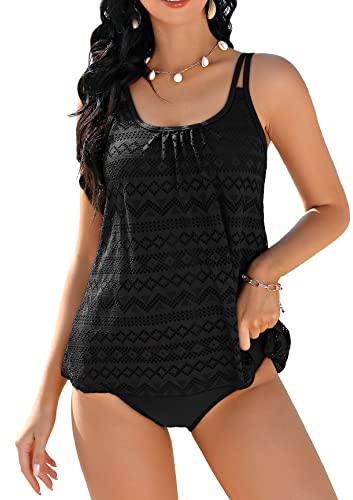 Clearlove Badeanzug Damen Bauchweg Frau Bademode Badeanzüge Tankinis Tankini mit Hotpants Badebekleidung Zweiteilig,Schwarz-spitzeM