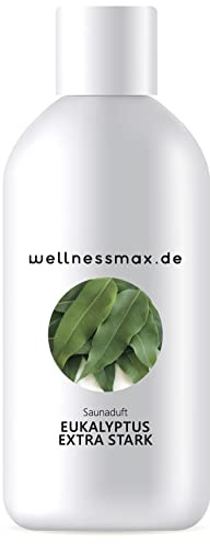 wellnessmax Sauna Aufguss Eukalyptus, extra stark mit 100% natürlichen ätherischen Ölen. Eukalyptus, Menthol. Natürliches Sauna-Aufguss-Mittel Saunaaufguss zum wohlfühlen (250 ml)