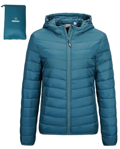 Outdoor Ventures Giacca trapuntata da donna, leggera, avvolgente, calda, con cappuccio, foderata, con tasche, per il tempo libero, le escursioni, i viaggi, Ceramica Blu, M