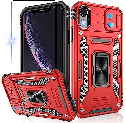 Jshru for iPhone XR Case with Screen Protector and Slide Camera Cover [Upgrade],Military Grade Shockproof Phone Case with Ring Kickstand, Anti-Scratch Armour Phone Cover for iPhone XR,Red