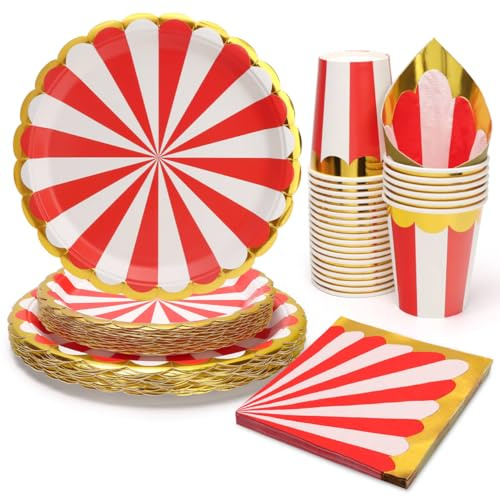 PARTY GO Lot de 96 vaisselle de fête à thème - Rayures rouges et blanches - Pour anniversaire - Pour 24 invités