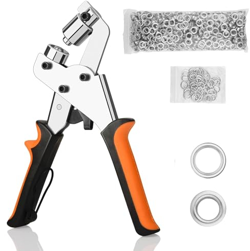 Senmai Tools Eyelet Press Set with Eyelets (300pcs 10 mm Diameter), Magnetic Eyelet Press for PVC Banners, tarpaulins, Cardboard Packaging. Professional Eyelet Presses, Eyelet Pliers, Metal Eyelets.