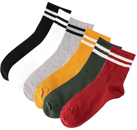 EUPSIIU 6 Pairs Striped Socks High Ankle Tube Socks, Womens Cute Stripe Casual Socks for Ladies,Retro Ankle Socks for Ladies (multicolor)