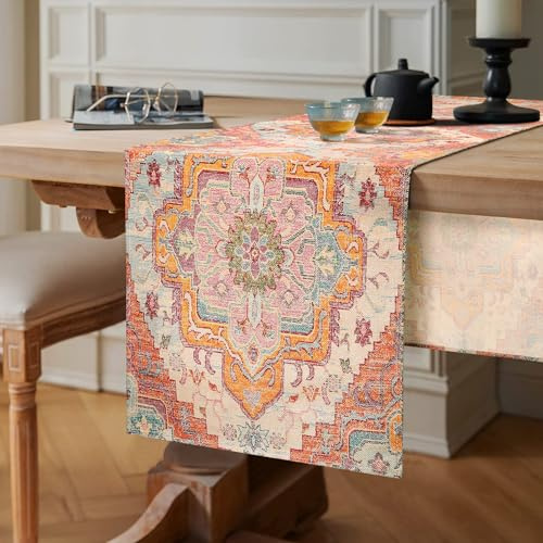 Chicamy Bunt Tischläufer Boho Style Orange Vintage Tischläufer Leinen Bohemian Geometrie Marokkanische Landhausstil Tischdecke Dekoration für Zuhause Küche Esszimmer Party Eingang (40 x 140 cm)