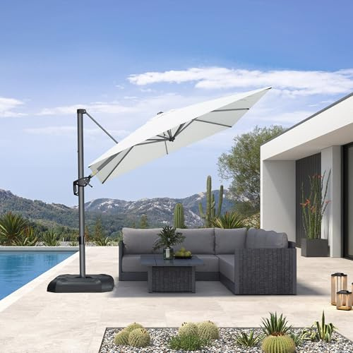 PURPLE LEAF Ampelschirm 250 x 250 cm, Sonnenschirm mit Kurbel, Gestell Aluminium, 360°Rotation, Quadratisch Gartenschirm für Terrasse & Balkon, Sonnenschutz UV50+, Weiß