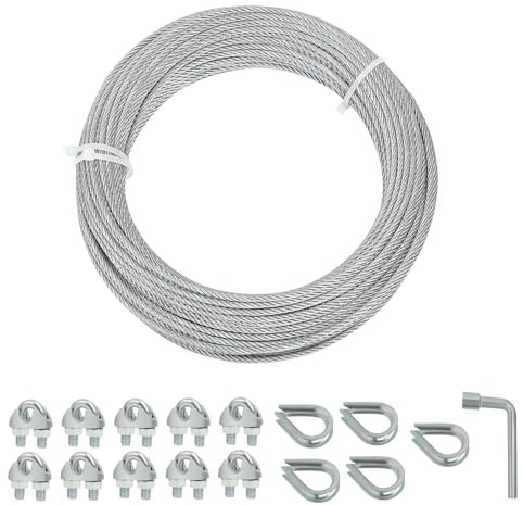 Hangar Galvanized Steel Wire Rope Cable, 1/8” Galvanized Steel Rope with Clamp and Thimble, 7x7 Strand Core Aircraft Cable for Anchored Shed, Fencing, Sunshade, Clothesline (50ft)