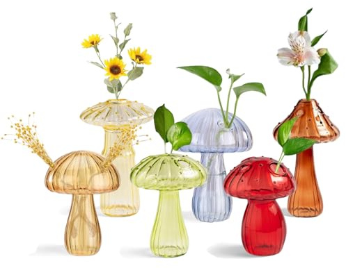 Mushroom Glass Vase,Set of 6 Colored Plant Propagation Station,Mini Terrarium Planter,Delicate Clear Hydroponic Vases for Decorative Centerpiece,Table Decor,Home Wedding Party(#1)