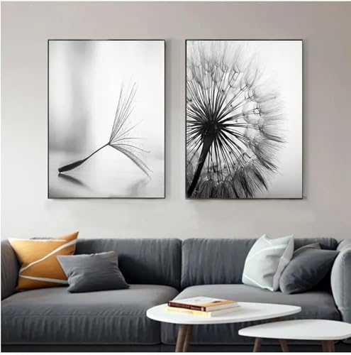 NXMYDBD Löwenzahn-Blumen-Leinwandgemälde, modernes Schwarz-Weiß-Kunstbild für Heimdekoration, Wohnzimmer, abstraktes Wandposter, 60x80cm (24x31 Zoll) x2, ungerahmt
