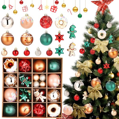 Birshe Bolas de Navidad,42 Piezas Decoraciones de Navidad de Plástico Juego de Bolas de Navidad Decoración Navidad Plástico Decoraciones para el Árbol de Navidad,Rojo,Verde,Dorado Fiesta de Navidad