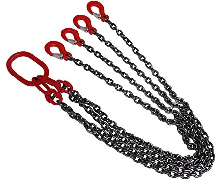 WOLEGM Catena di sollevamento, 5T, 15 m, 4 catene, accorciabile, G80, in acciaio al manganese, per gru elevatore, cinghia di sollevamento con gancio