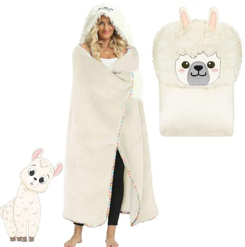 BOUFEIDA Flanell Alpaka Decke, 165 * 120cm Alpakadecke mit Ärmeln und Kapuze, Flauschig Kuscheldecke Plüsch Alpaka Tiermuster Decke Ideal für den Hausgebrauch oder als Geschenk