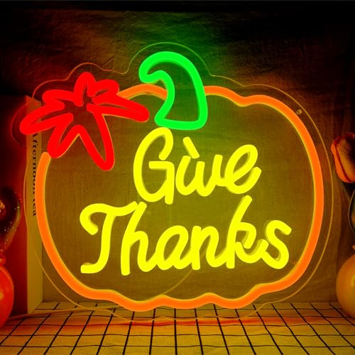 Thanksgiving Neon Sign Pumpkin Neon Signs Dimmable Fall Neon Sign for Wall USB Power Give Thanks Sign for Home Bar Salon Window Porch Front Door Thanksgiving Decorations