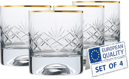 Biandeco Gold Rim Whiskey Glasses Set of 4, Heavy Base Crystal-Cut Rocks Glasses, Premium Lowball Tumbler for Bourbon, Scotch Whiskey, Cocktails, Cognac, 7 oz