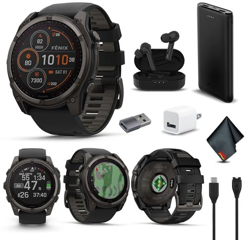 Garmin Fenix 8 - Smartwatch multisport GPS con zaffiro solare da 51 mm, grigio carbonio DLC titanio con cinturino in silicone nero grigio, torcia LED integrata, set di smart watch fitness e salute per