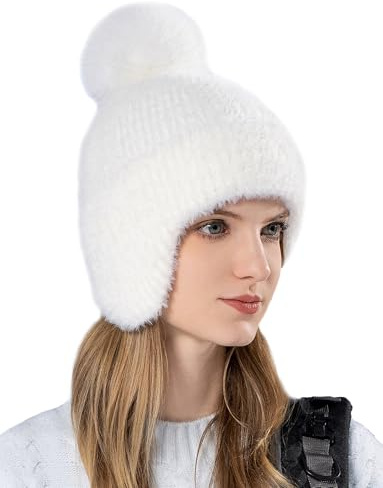 FEOYA Bonnet de ski thermique tricoté en fourrure de lapin avec cache-oreilles et doublure en polaire coupe-vent avec pompon pour sports de plein air, snowboard, cyclisme, promenade du chien – Taille