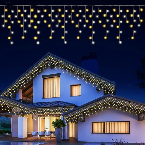 Opard Weihnachts Eiszapfen Lichterkette Außen, 20.8m (15.8m+5m) 400 LED mit 11 Beleuchtungsmodi, Speicher- & Timerfunktion, Wasserdichte Zweifarbige Weihnachtsbeleuchtung für Deko Balkon Partys Haus