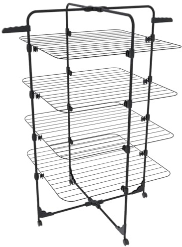 BRICOZONE Stendibiancheria Verticale con Rotelle Salvaspazio e Pieghevole in Acciaio con 4 Ripiani e 2 Supporti per Grucce Perfetto per Stendere Biancheria Lenzuola e Abiti Misure 168,5x71x71cm (Nero)