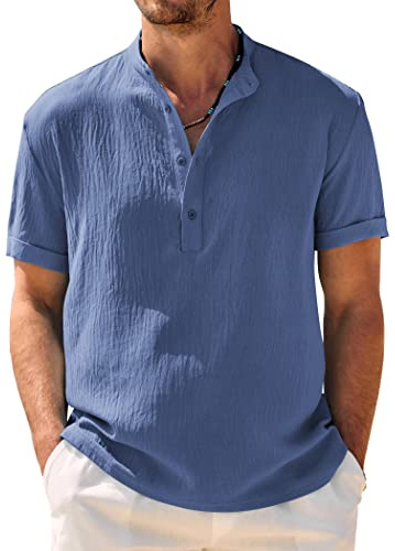 COOFANDY Mens Shirts Short Sleeve Summer Henley Shirt Short Sleeve Grandad Collar Casual Beach Dark Blue S