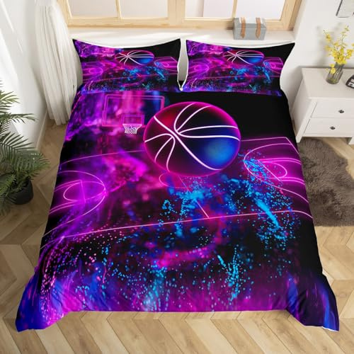 Housse de couette pour lit double violet, housse de couette avec technologie ballon de sport pour adultes et enfants, décoration de chambre à coucher, lignes de fond aquarelle, 2 taies d'oreiller,