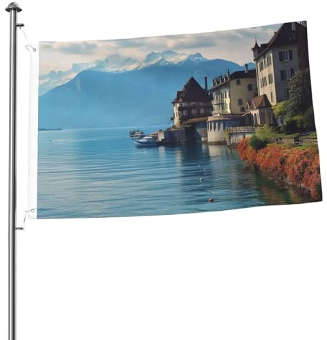 Flagge, 90 x 60 cm, strapazierfähig, zum Aufhängen, für den Außenbereich, Genfersee, Schweiz, Willkommensflaggen, lichtbeständig, für den Außenbereich, Gartenflagge mit Messingösen, Hausflaggen für