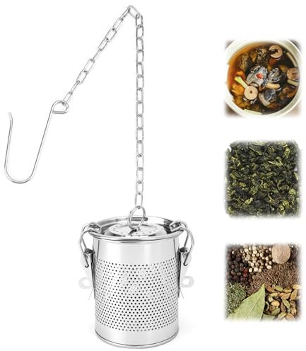 QWORK® Colador de especias de acero inoxidable, colador de filtro de té versátil con cadena de transporte y gancho, filtro de especias, para cocina y restaurante
