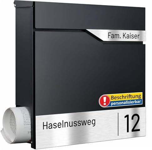 AL Briefkastensysteme Laser-Line 1er Briefkasten personalisiert mit Namen + Hausnummer - Postkasten Anthrazit RAL 7016 modern mit Zeitungsfach Gravur & Absenkautomatik für Wand- & Zaunbriefkasten