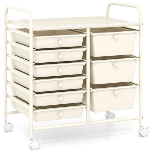 TANGZON 9 Drawers Storage Cart, Multipurpose Rolling Carts with Lockable Wheels, Mobile Utility Storage Trolley Organizer for Home Office Stationery Beauty Salon (White)